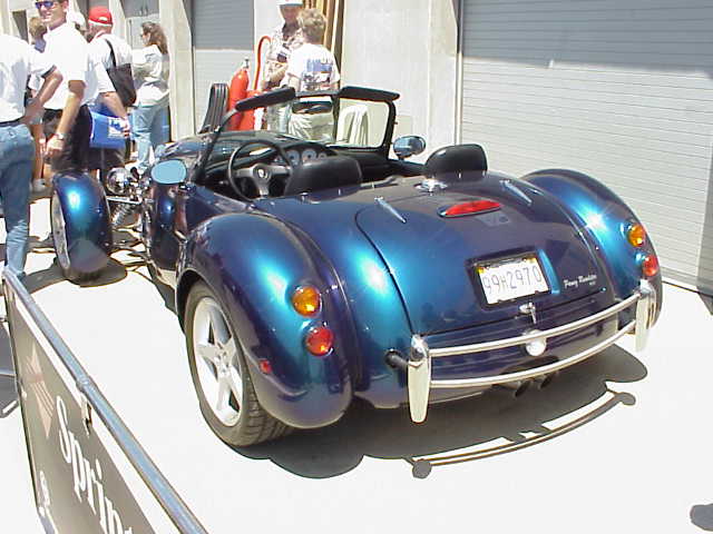 Someone's Panoz parked by a garage.