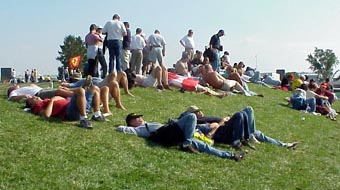 Relaxing on the viewing mound during a break